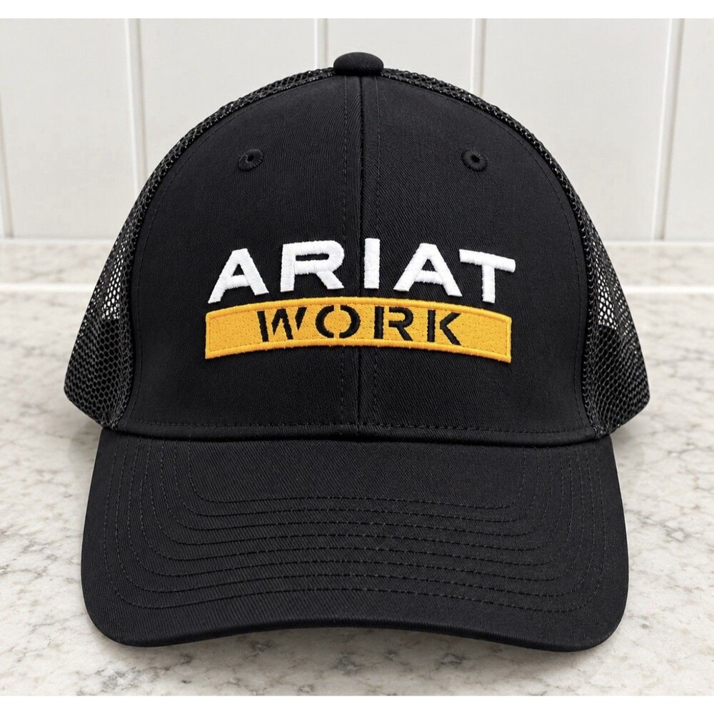 Ariat Work Hat Embroidered Logo Mesh Snapback Cap Black Yellow Work Wear